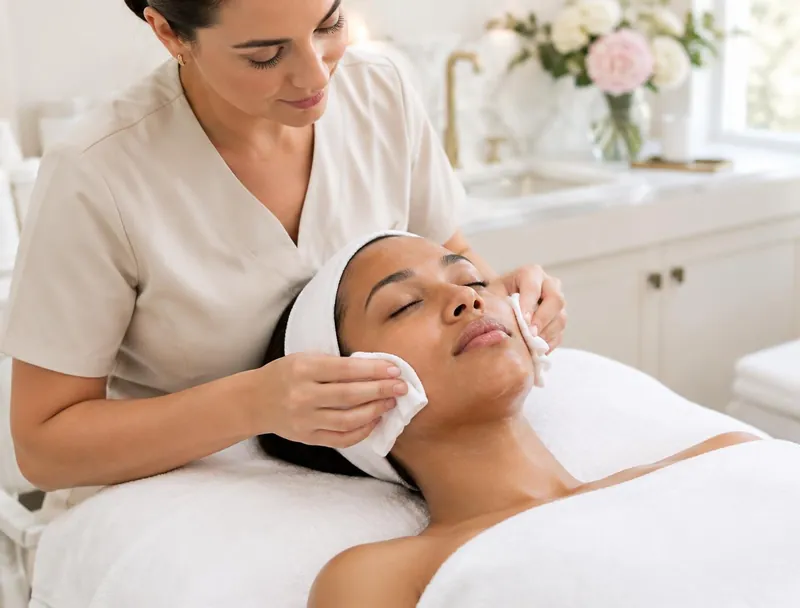 Esthetician applying facial serum to a client during a treatment
